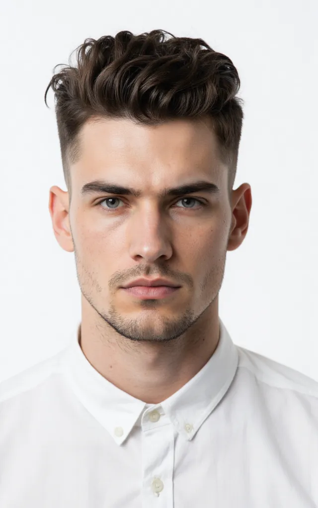 A French male model with a High fade, wearing a shirt, against a white background, in a front   facing bust portrait